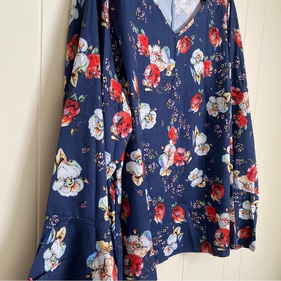 SHEIN Emery Rose Plus Navy Blue Floral Print Flounce Sleeve Long Sleeve Blouse - Picture 10 of 11